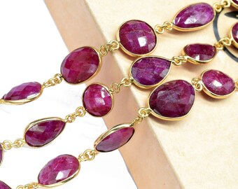 Natural Ruby Bezel Connector Chain,Precius Gemstone Bezel Chain,Handmade Bezel Chain,Bezel Chain,Ruby Faceted Bezel Connector Link Chain