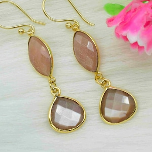 Peach Moonstone Earrings,Minimalist Gemstone Earrings,Semi Precious Stone Jewelry,Wedding Anniversary Gift,Handmade Earrings,B&#39;Gifts