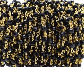 Black Spinel 3mm Rosary Style Beaded Chain, Black Spinel Faceted Beads Wire Wrapped Chain,Brass chains,Jewelry Making Chains,3mm Beads Chain