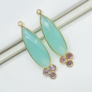 Aqua Chalcedony 10x30mm Pear shape Bezel charms,Aqua Pendant,Cubic zirconia Bezel charm,Gemstone connector,Aqua Chalcedony Jewelry,Gift