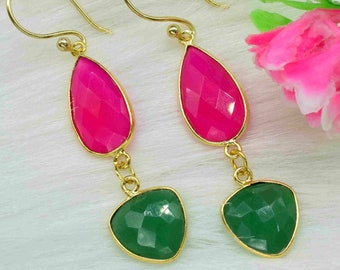Boucles d'oreilles en onyx vert naturel, Boucle d'oreille en calcédoine rose plaqué or, Boucle d'oreille en pierres précieuses roses, Boucles d'oreilles en forme de larme, Bijoux faits main, Cadeau de Noël, Bohème