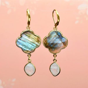 AAA Labradorite Clover Shape Earrings,Bridal Earrings,Clover Drop Earrings,Rainbow Moonstone Dangle Earring,Minimalist Earring,Royal Gift