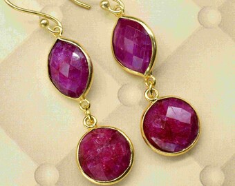 Natural Ruby Gemstone Earrings, July Birthstone Jewelry,Ruby Round Earrings,Red Stone Earrings,Ruby Gold Plated Jewelry,Jewelry Gift for her