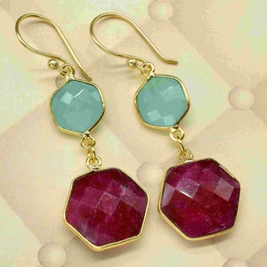 Aqua Chalcedony Earring,Geometric Drop Earrings, Bridesmaid Earrings,Ruby Hexagon Earring,Two Gemstone Earrings,Handmade Ruby Earring,B'Gift