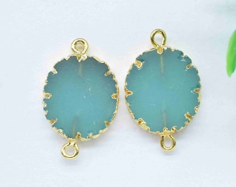 Aqua Quartz Double bail Finding Necklace Jewelry,Aqua Chalcedony Oval Connector,Aqua Gemstone Electroplated Handmade Cabochon Pendant Charms