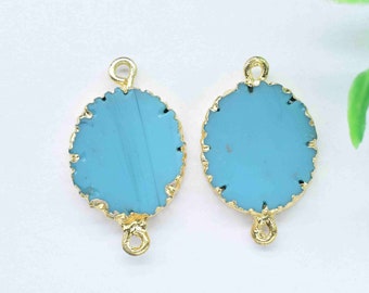 Blue Turquoise Electroplated Double Bail Connector,Turquoise Cabochon Pendant Charm,Blue Gemstone Handmade Pendant Jewelry Making Supplies,
