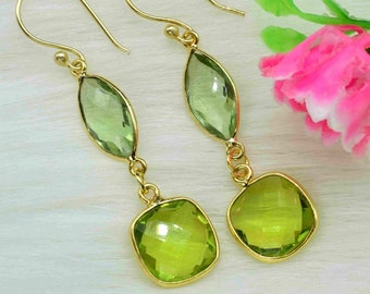 Groene amethist en peridootoorbel, groene edelsteenoorbellen, geboortesteensieraden, vergulde oorbel, sieraden, ring set, vrouw cadeau