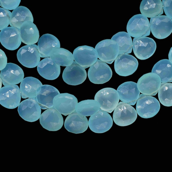 Aqua Chalcedony 10mm Faceted Heart Shape Briolettes,Jewelry Making Beads,Natural Gemstone Heart Shape Strand,10 inche Full Strand,Aqua Beads