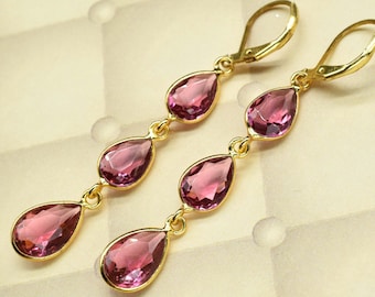 Pendientes de turmalina rosa, joyas con piedra natal de octubre, pendientes colgantes de piedras preciosas, pendientes colgantes de turmalina, pendientes hechos a mano, joyas de turmalina,