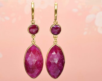Pendientes de rubí auténtico, pendientes con piedra natal de julio, pendientes colgantes, pendientes con gema engastada, pendientes largos de rubí, regalo para mujer, joyería de boda.