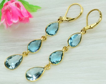 Pendiente largo de topacio azul cielo, joyería de tendencia, pendiente largo llamativo, pendiente azul claro, pendiente largo colgante, pendiente más vendido, regalo