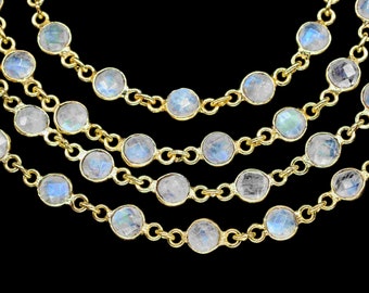 Chaîne de connecteur avec lunette en pierre de lune, Chaîne de connexion avec lunette ronde, Chaîne à maillons fait main, Chaîne de connecteur plaqué or, Collier avec lunette en pierre de lune