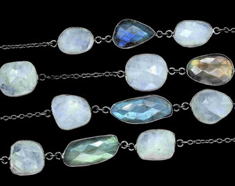 Chaîne avec lunette à facettes de forme mixte, pierre de lune arc-en-ciel, chaîne à maillons fait main en labradorite, chapelet connecteur avec lunette en pierres précieuses, lunette en rhodium noir