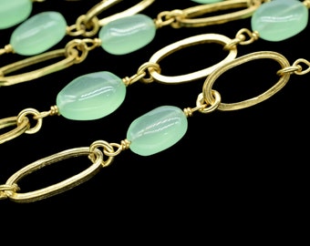 Beautiful prehnite Connector Rosary Chain,18k Gold Plated Bezel Connector Chain by Feet, Chalcedony Wire Wrap Link,gemstone Connectors Chain