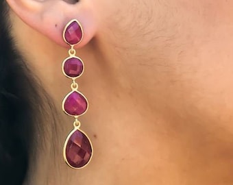 Gold Ruby earring,Chandelier earring,Red gemstone earring,July birthstone earring,Gemstone earring,Gold plating earring,Ruby bezel studs,