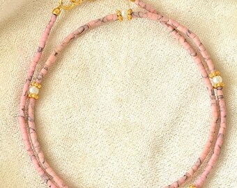 Pink Opal Necklace/Short Choker Necklace/Gold Plated Necklace/Dainty Necklace/Layering Necklace/Beaded Necklace/Pink Necklace/Beaded Jewelry