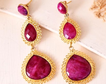 Natural Gemstone Ruby Earring/Gold Plated Earring/Ruby Wedding Earring/Bridesmaid Earrings/Handmade Earring/Bridal Earring/Long Earring/Gift