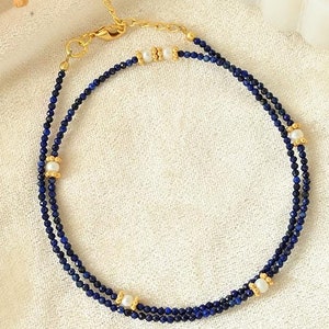 Lapislazuli-halsband/Kort chokerhalsband/Förgyllt halsband/Lagerhalsband/Lapishalsband/Pärlsmycken/Elegant halsband/Födelsedagspresent