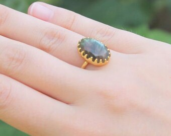 gold Labradorite ring, handmade ring with silver 925 gold plated,prong ring,statement ring,birthday gift for her,Adjustable ring,oval ring