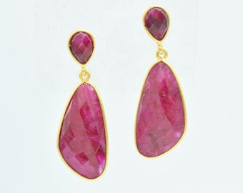 Gold Ruby earring ,dual stone earring,dangle earring,vermeil earring,Red gemstone earring,irregular earring,Ruby dangle,Ruby jewel