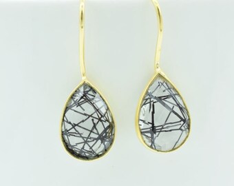 Gold Black rutile earring,Gold dangle earring birthstone, gemstone earring,Black Drop earring,Dangling earring,Quartz earring,Christmas gift
