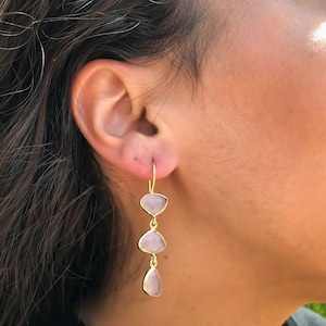 Rose Quartz Gold Plated Earring ,Pink chalcedony dangle drop earring,Bridesmaid earring,Pink stone earring,irregular earring,boho