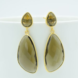 Smoky earring ,dual stone earring,dangle earring,vermeil earring,Brown gemstone earring,irregular earring,Smoky quartz earrings