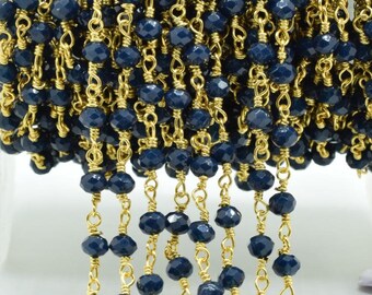 Cadena de cuentas de ágata azul de 3 mm, cadenas de rosario de ágata azul, cadena de alambre chapada en oro de ágata azul, cadena de latón, cadena para hacer joyas, cadena de rosario