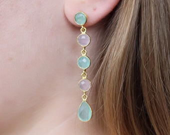 Lange Ohrringe,vergoldete Ohrhänger,Aqua Chalcedon Ohrhänger,Mondstein Ohrring,Rund Ohrring,Edelstein Ohrring,Minimalist Ohrring,b'gift,