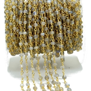 Labradorite 3mm Beaded Chain,Labradorite Rosary Chain,Gold Plating Wire Wrap Chain,Labradorite Brass chain,Labradorite vermeil beaded chain