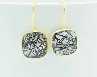 Black rutile earring,Statement earring,Rutilated quartz earring,Statement jewelry,Quartz earring,Cushion earring,Dainty earri