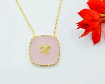 Gold pink chalcedony necklace,bridesmaid gift,Rose quartz pendant necklace,cushion necklace,Prong set necklace, Butterfly pendant necklace