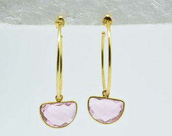 Pink Tourmaline hoop earring, Hoop circle earring,pearl,silver925 earring,gold earring,Mother's day gift,handmade,gold hoop,irregular,boho