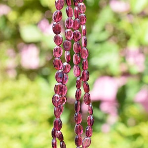 May include: A strand of deep red gemstone beads, likely garnet, strung on a clear thread. The beads are oval-shaped and have a slightly faceted appearance. The background is blurred and out of focus, suggesting a natural setting.
