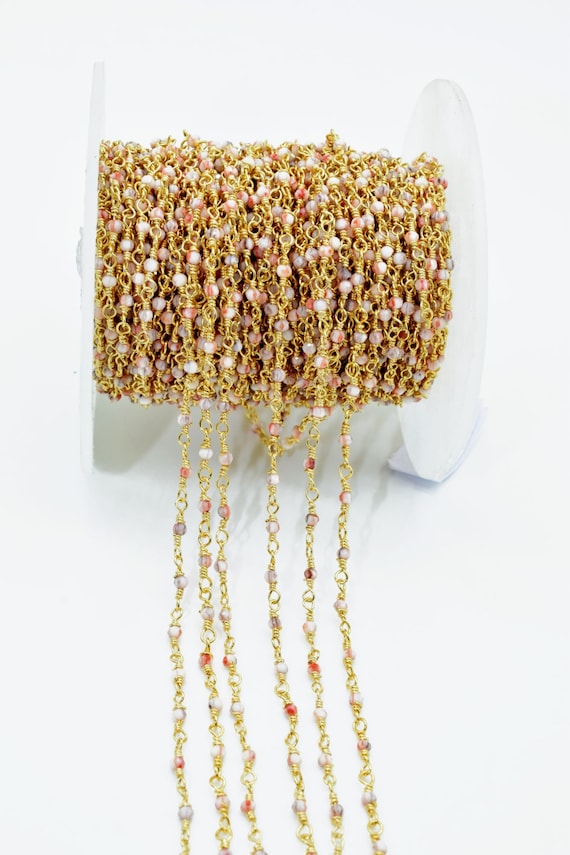 Pink Opal Rosary chain,Pink Opal beaded chain,Gemstone beaded chain,2mm beaded chain,Gold plated beaded chain,Opal rosary, beaded chain roll