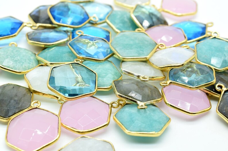 London Blue Topaz 16mm Hexagon Shape Pendant,Gold Plated Single Bail Gemstone Connector,Faceted Hexagon Shape Gemstone Bezel,Hexagon Charms