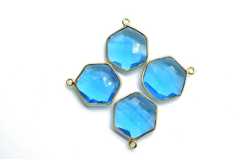 London Blue Topaz 16mm Hexagon Shape Pendant,Gold Plated Single Bail Gemstone Connector,Faceted Hexagon Shape Gemstone Bezel,Hexagon Charms