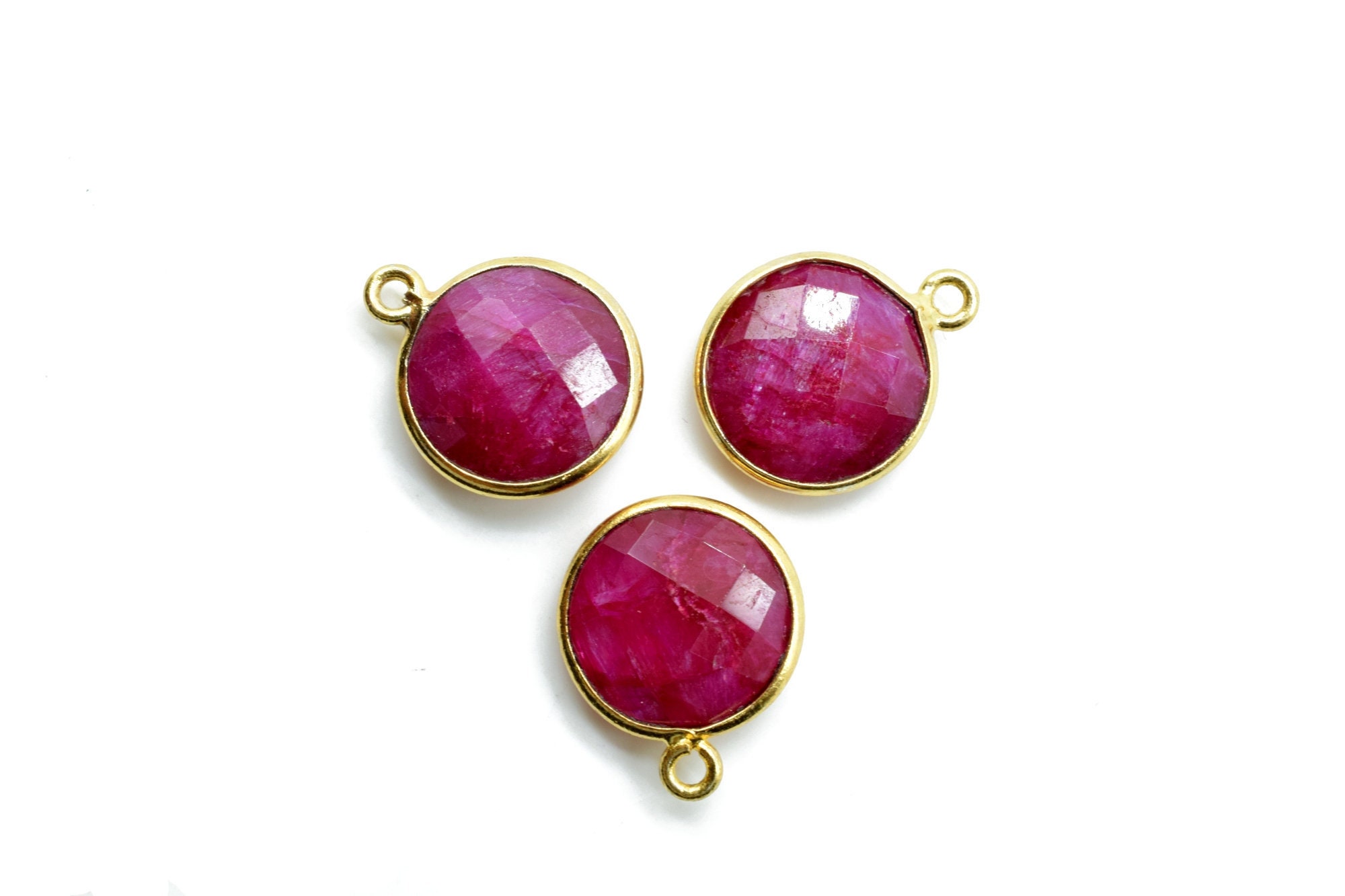 Natural Ruby 12mm charm,,Ruby jewelry making charm,Ruby Brass connector,Ruby Pendant,Ruby Round Gold Plated bezel,Ruby Vermeil Bezel,ruby