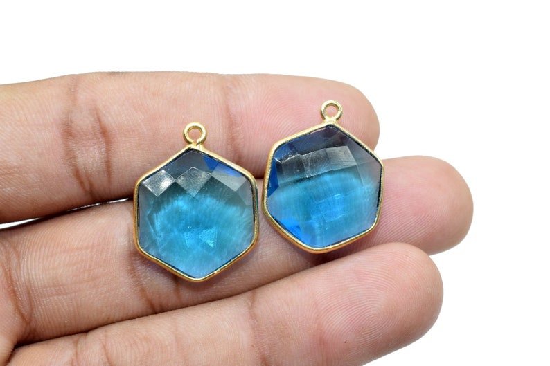 London Blue Topaz 16mm Hexagon Shape Pendant,Gold Plated Single Bail Gemstone Connector,Faceted Hexagon Shape Gemstone Bezel,Hexagon Charms
