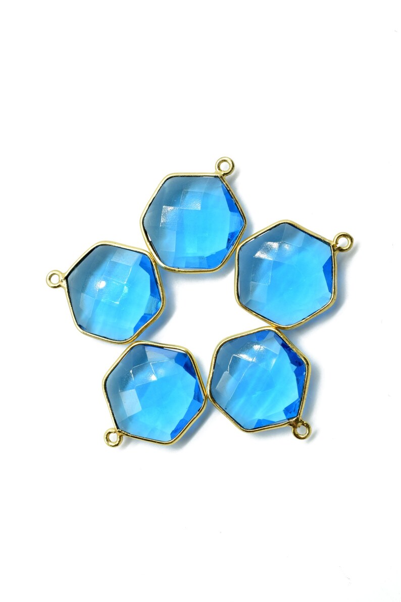 London Blue Topaz 16mm Hexagon Shape Pendant,Gold Plated Single Bail Gemstone Connector,Faceted Hexagon Shape Gemstone Bezel,Hexagon Charms