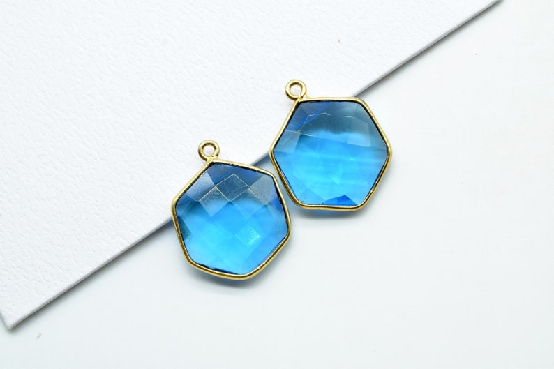 London Blue Topaz 16mm Hexagon Shape Pendant,Gold Plated Single Bail Gemstone Connector,Faceted Hexagon Shape Gemstone Bezel,Hexagon Charms