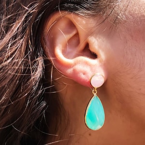 eardrop Aqua Chalcedony Gold Plated Earring , Rose Quartz Vermeil, Blue Pink Multi Gemstone Dangle, Pink Crystal, Bridal Wedding