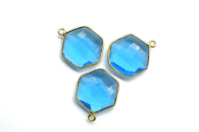 London Blue Topaz 16mm Hexagon Shape Pendant,Gold Plated Single Bail Gemstone Connector,Faceted Hexagon Shape Gemstone Bezel,Hexagon Charms