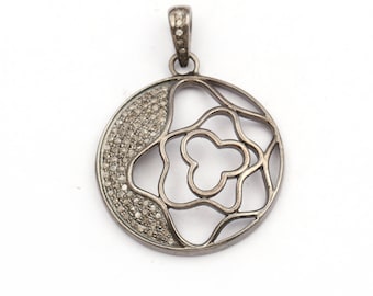 Round Shape Flower Design Pave Pendant 925 Sterling Silver Diamond Black Rhodium Pendant Diamond Pave Diamond Pendants Jewelry (MOP-777)
