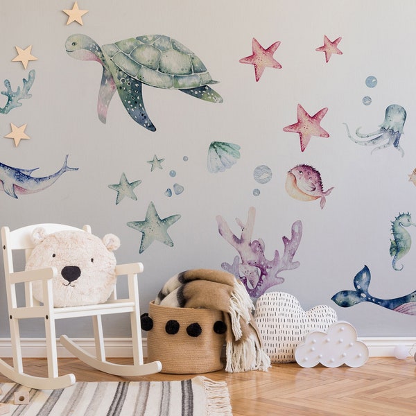 Décalcomanie murale océan, jeu de décalcomanies aquarelle, chambre de bébé, autocollant, autocollant mural de chambre de bébé
