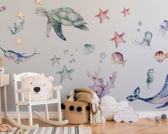 Ocean Wall Decals - Watercolor Sea Life Stickers for Nursery - Peel and Stick Ocean Decor, Kids Room Wall Art