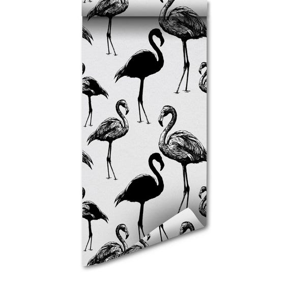 Removable Wallpaper: Retro Flamingo Pattern - Peel and Stick, Water Based Ink, Gift For Bird Lover, Non Woven Matte Wall