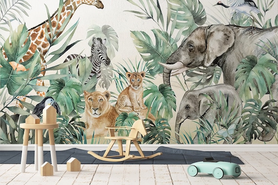 Safari Animal Wallpaper Mural - Peel and Stick, Removable for Nursery, Kids Room Decor, Children Bedroom Art, Matte Finish Walls