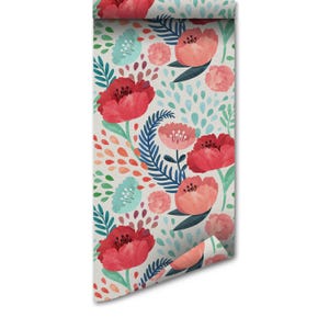 May include: A roll of wallpaper featuring a repeating pattern of red and coral flowers, dark blue fern-like leaves, and light blue teardrop shapes on a cream background. The design includes various floral blooms and scattered botanical elements.