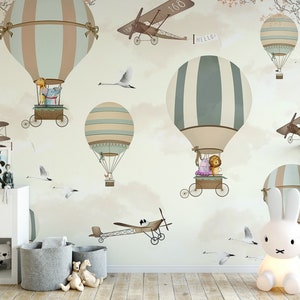 Flying Hot Air Balloons Wallpaper, Wall Mural, Peel and Stick, Self Adhesive, Wall Covering by Bella Stampa Studio